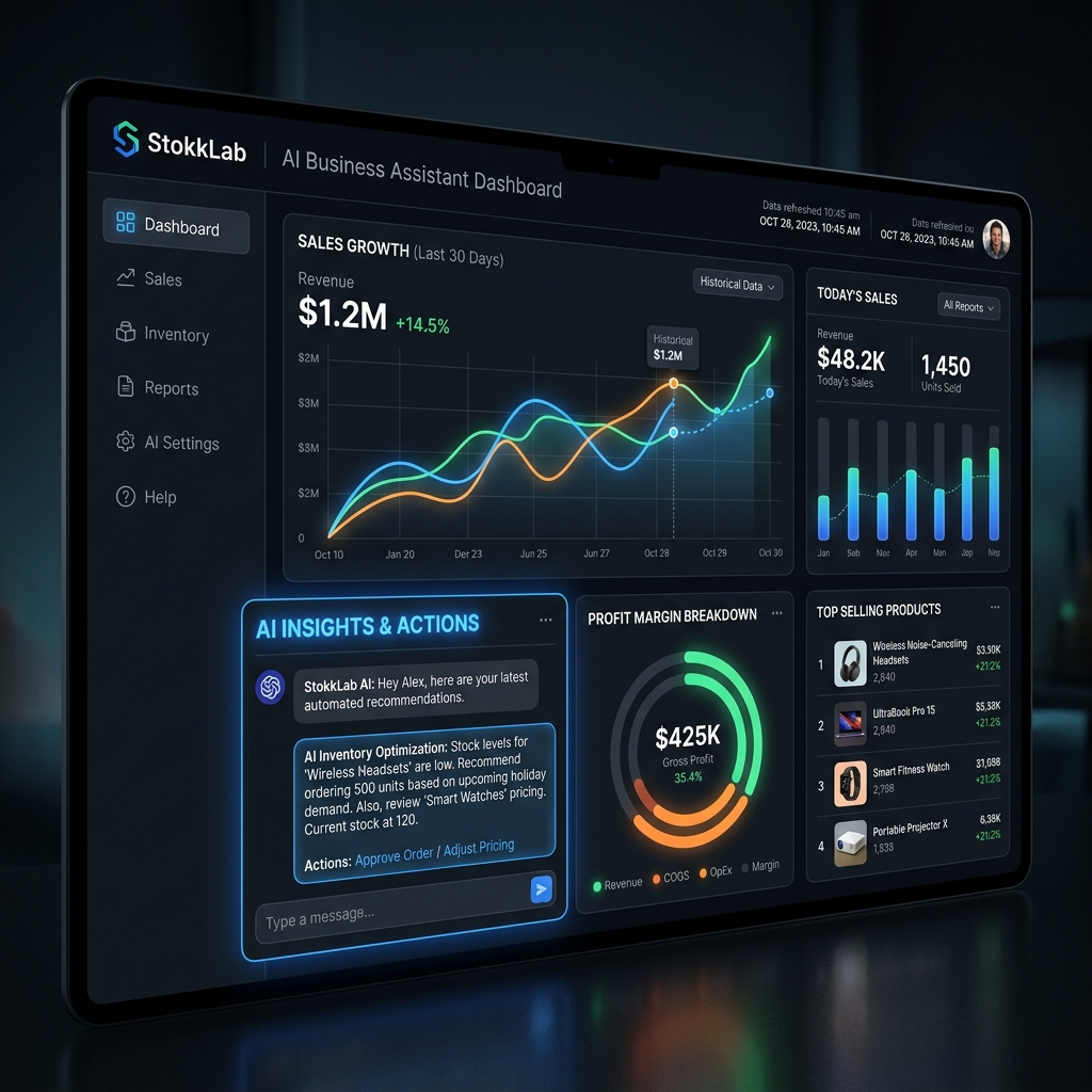 StokkLab OS AI Assistant panel with sales analytics