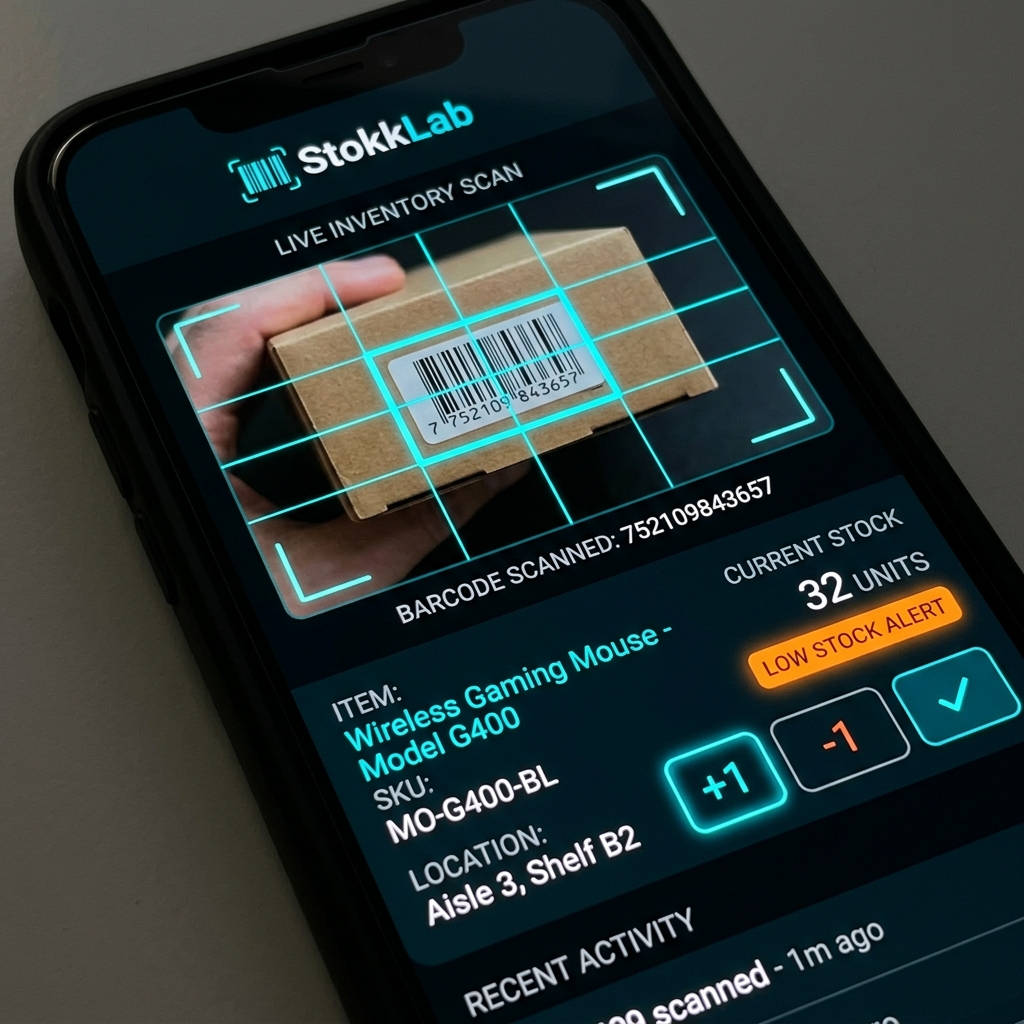 StokkLab OS inventory scanner reading a barcode