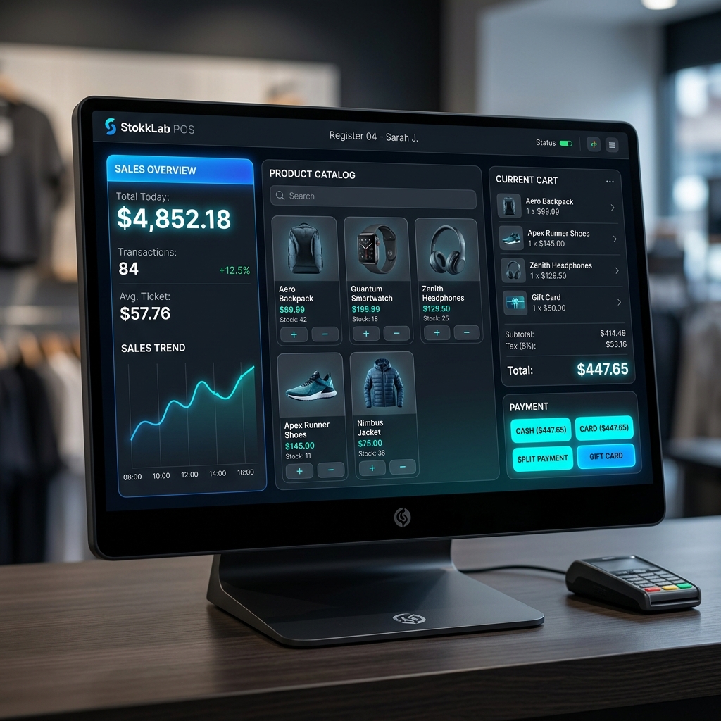 StokkLab OS Point of Sale panel showing today's sales in real time